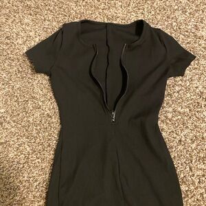 Black Short Sleeve Zip-Up Dress